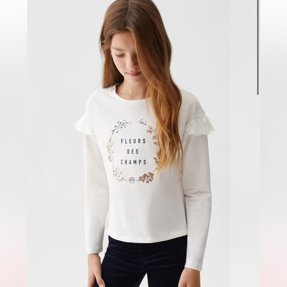 Mango Girls' White Long-Sleeve Tee with Floral Foil Print size 11/12